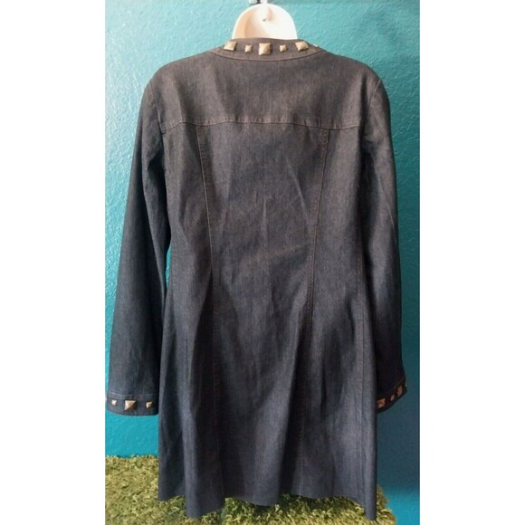 Focus 2000 Denim Jacket Long Dark Wash Square Stud Leopard Print Lined 6 Petite - Picture 5 of 8